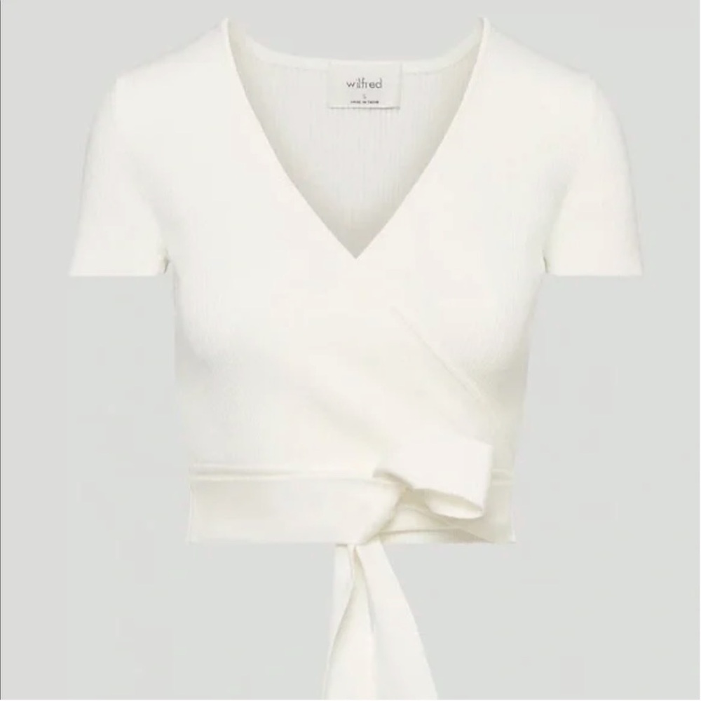 Aritzia Wilfred All Tied Up wrap sweater in light birch